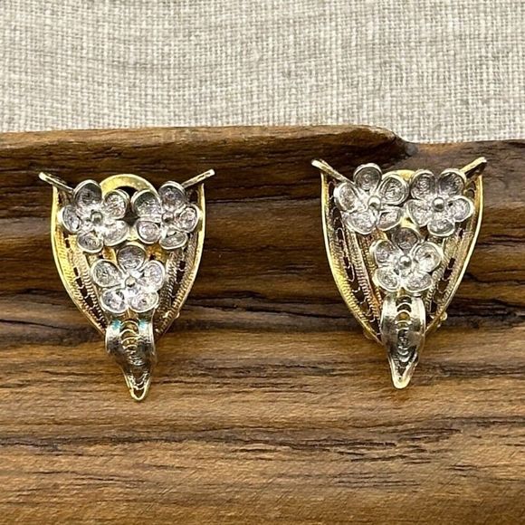Vintage Vermeil Filigree Flowers Clip On Earrings Silver Gold Cannetille 7/8" L - Picture 1 of 15